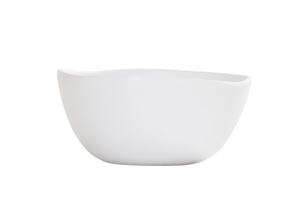 A plain, white ceramic soup bowl with smooth, slightly curved edges and a glossy finish sits against a white background. Dishwasher safe and featuring gentle contours, its simple, modern design makes it perfect for everyday use.