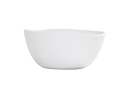 A plain, white ceramic soup bowl with smooth, slightly curved edges and a glossy finish sits against a white background. Dishwasher safe and featuring gentle contours, its simple, modern design makes it perfect for everyday use.
