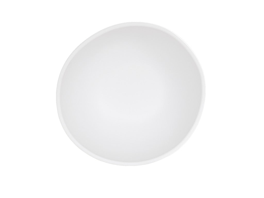 A plain, empty white melamine soup bowl photographed from above, centered against a white background. The bowl’s smooth, round shape and clean interior highlight its simplicity and minimalism. This bowl is durable and dishwasher safe.