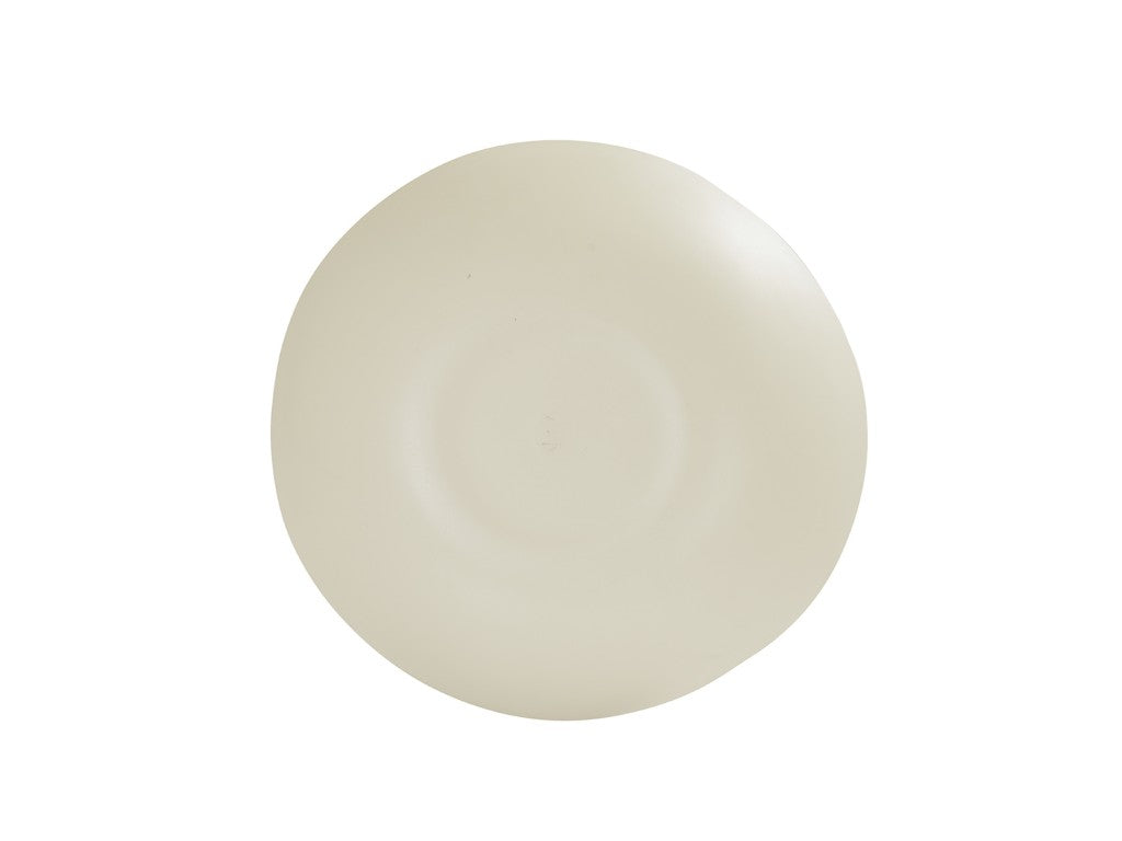 A round, smooth, off-white melamine bowl is shown against a plain white background. The surface appears matte, with gentle curves and a slight indentation at the center. This Bali Pasta Bowl is dishwasher safe, featuring soft, natural-looking edges.