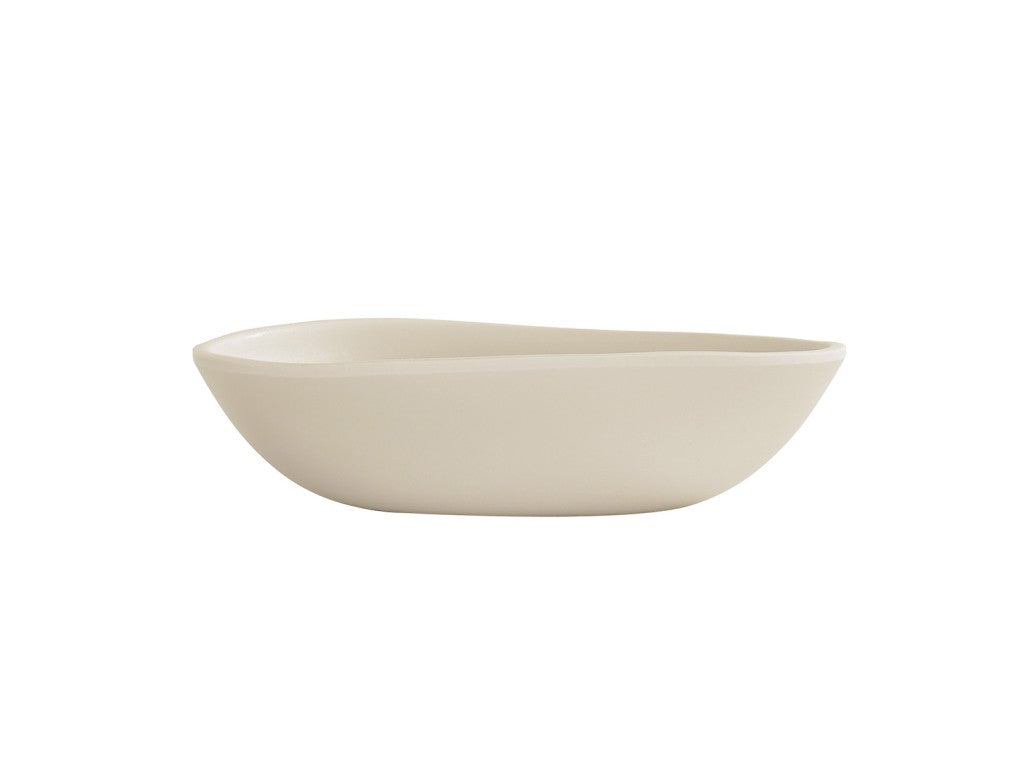 A minimalist, off-white Bali Pasta Bowl with smooth, asymmetrical curves and a matte finish, shown against a plain white background. The bowl features gently sloping sides and a slightly irregular rim for a modern, organic look.