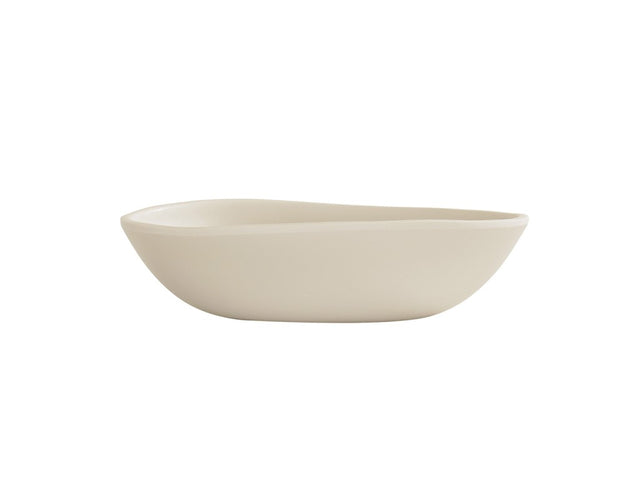 A minimalist, off-white Bali Pasta Bowl with smooth, asymmetrical curves and a matte finish, shown against a plain white background. The bowl features gently sloping sides and a slightly irregular rim for a modern, organic look.