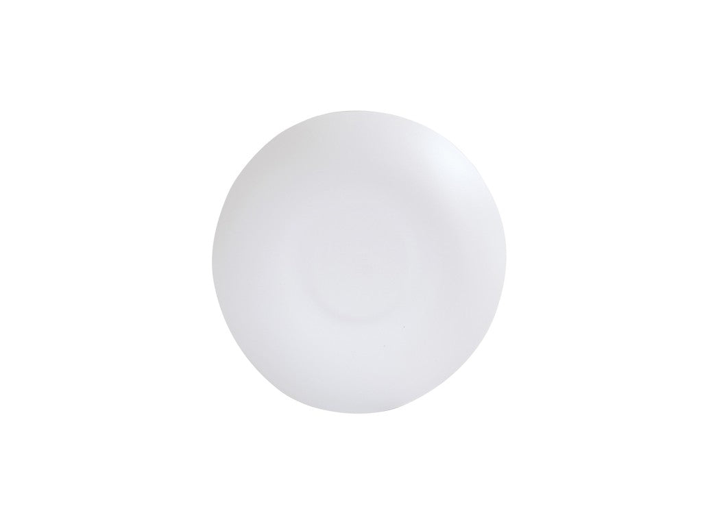 A plain, round, white ceramic plate viewed from above. The plate has a smooth, slightly concave surface and a subtle raised rim—reminiscent of a Bali Pasta Bowl—set against a white background for a clean, minimalist look.