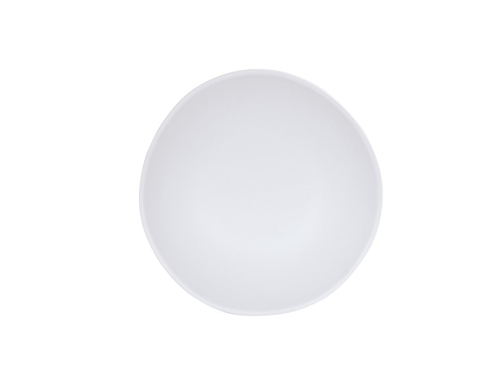 A plain, round, white Bali Pasta Bowl is photographed from above against a white background. The bowl is empty, with smooth edges and a slightly asymmetrical shape—elegant and dishwasher safe for modern convenience.