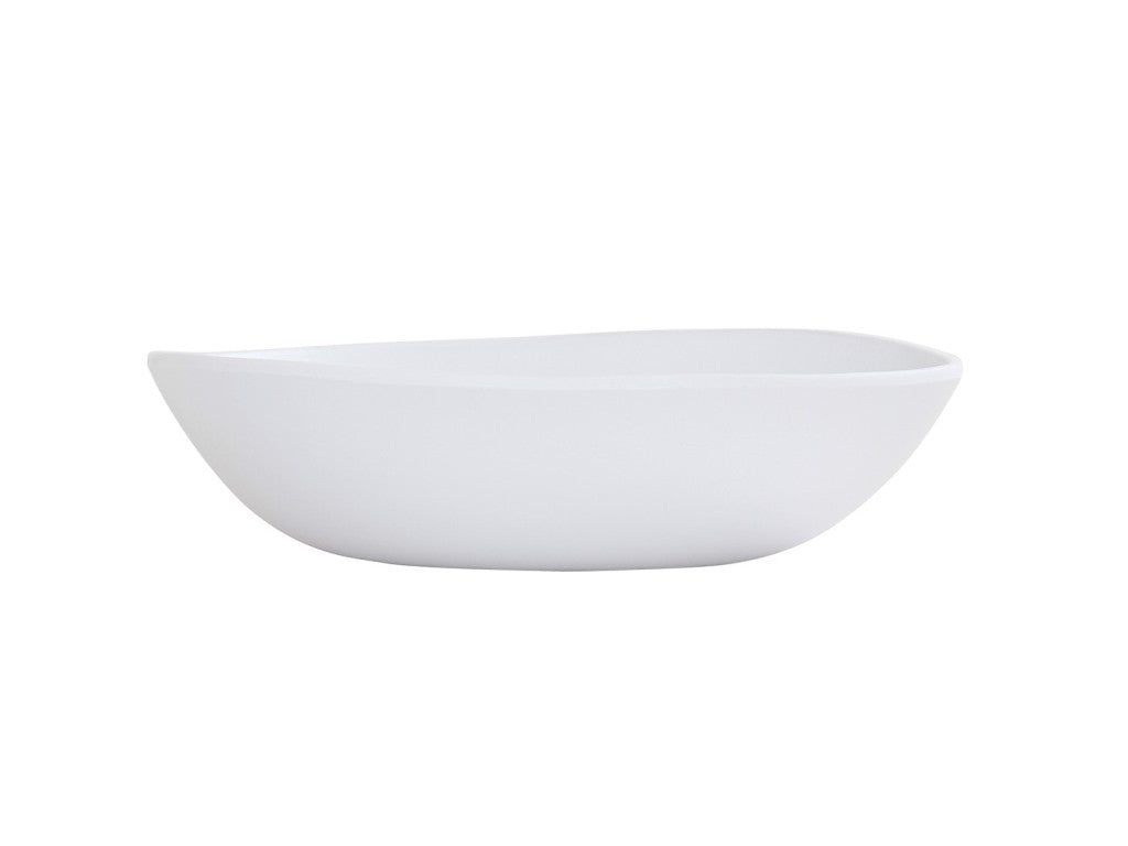 A plain, white, oval-shaped Bali Pasta Bowl with slightly angled sides. Made from durable melamine, it features a smooth surface and modern, minimalist design. Dishwasher safe and photographed against a white background to highlight its clean lines.