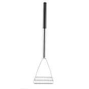 A metal grill scraper with a long cool touch handle and a flat, rectangular wire head, designed for cleaning barbecue grates. The chrome plated tool is shown upright against a white background.