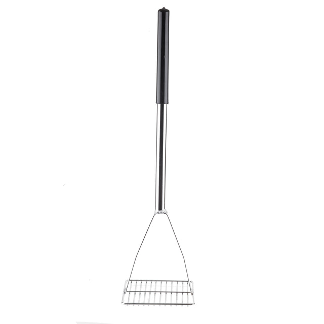 A metal grill scraper with a long cool touch handle and a flat, rectangular wire head, designed for cleaning barbecue grates. The chrome plated tool is shown upright against a white background.