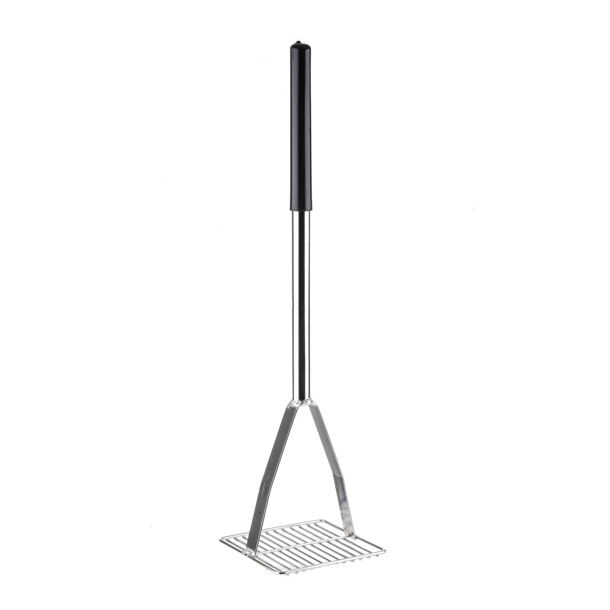 A chrome plated bean masher with a long, straight cool touch handle—black at the top and silver below. The flat, square grid bottom is made of horizontal and vertical metal bars for easy mashing. Background is plain white.