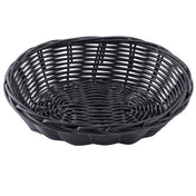 A round, empty black hand-woven polypropylene basket with an open weave pattern and slightly flared sides, shown on a plain white background.