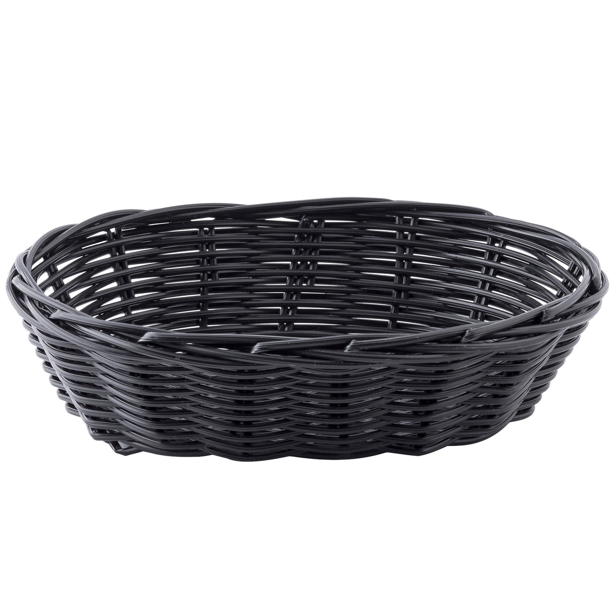 A round, shallow basket made of black polypropylene woven to mimic wicker. The basket features a hand-woven look with horizontal and vertical strips, an open design, and a slightly raised, wavy edge against a plain white background.