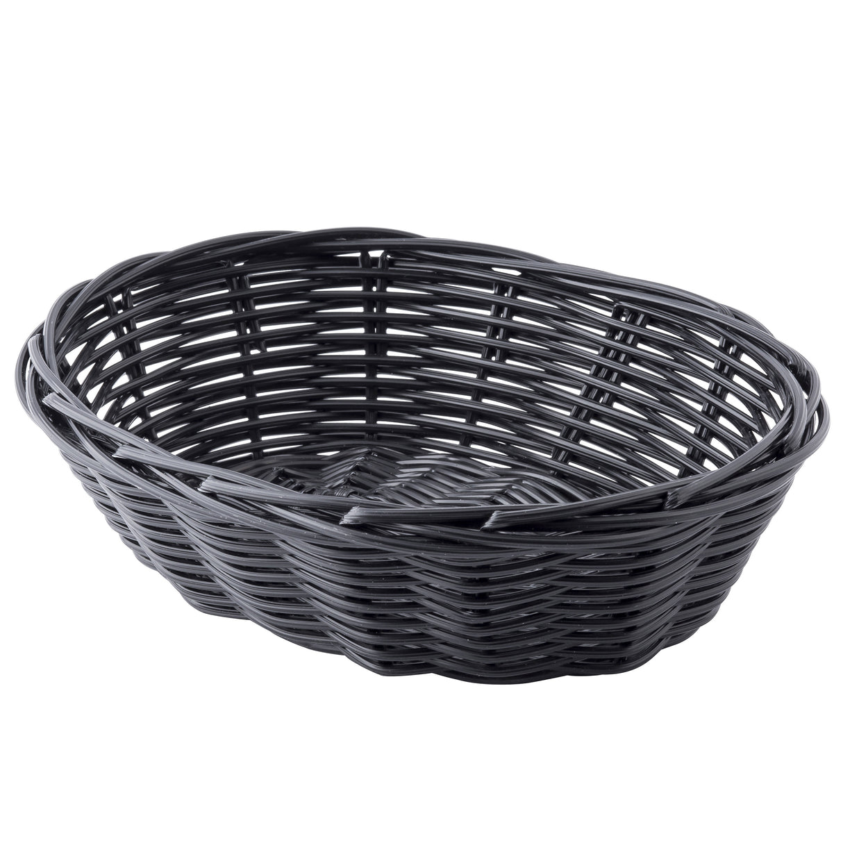 A black, oval-shaped hand-woven basket made from polypropylene, featuring visible horizontal and vertical weaving patterns; the basket appears empty and is photographed on a white background.