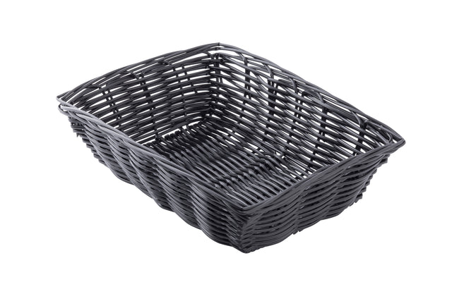 A rectangular, empty, dark gray hand-woven basket with an open weave pattern is shown angled from above on a white background. The lightweight basket features slightly curved sides and appears to be crafted from polypropylene cord.