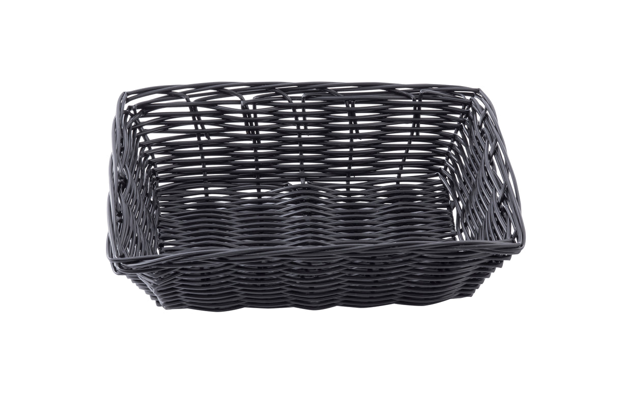A rectangular, black hand-woven basket with high sides and an open top, shown empty against a white background. Crafted from polypropylene cord, the wicker’s horizontal and vertical weave creates a sturdy, textured appearance.