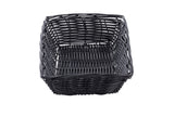 A square-shaped, empty black basket made from hand-woven polypropylene cord with a woven pattern, viewed from above on a white background. The sturdy sides and open top reveal the grid-like structure of the wicker weaving.
