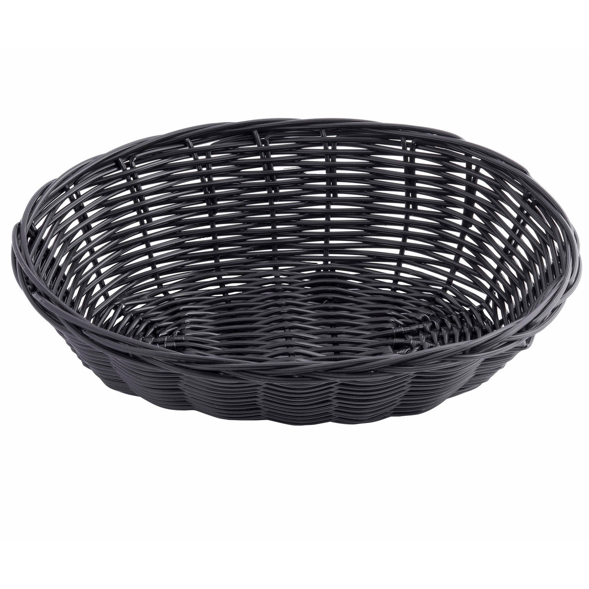 A round, shallow, black hand-woven basket with a tight, uniform woven pattern viewed from a slight angle above. Its sturdy polypropylene weave curves gently upward at the sides, creating an open and empty interior.