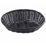 A round, shallow, black hand-woven basket with a tight, uniform woven pattern viewed from a slight angle above. Its sturdy polypropylene weave curves gently upward at the sides, creating an open and empty interior.