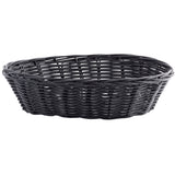 A black, oval-shaped hand-woven basket with an open top and tightly woven sides and base, viewed against a plain white background. The basket has a smooth texture and no visible handles.