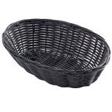 A black, oval-shaped hand-woven basket with an open weave pattern. Crafted from sturdy polypropylene, it sits empty on a white background, highlighting its simple design and smooth, glossy finish.