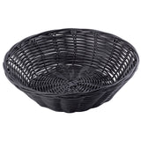 A round, empty black hand-woven basket with a wide open top and shallow depth. Made from polypropylene, it features a woven pattern with visible gaps between the strips and a tightly woven base. The background is plain white.