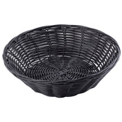 A round, empty black hand-woven basket with a wide open top and shallow depth. Made from polypropylene, it features a woven pattern with visible gaps between the strips and a tightly woven base. The background is plain white.