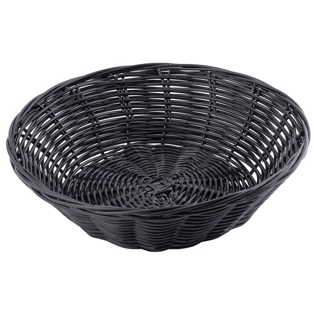 A round, empty black hand-woven basket with a wide open top and shallow depth. Made from polypropylene, it features a woven pattern with visible gaps between the strips and a tightly woven base. The background is plain white.