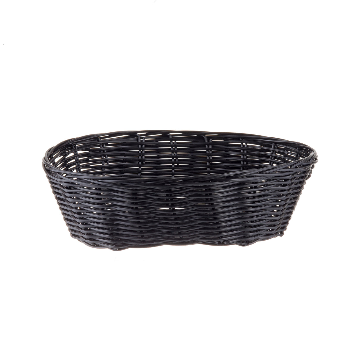 A black, oval-shaped hand-woven basket with a classic woven design. Crafted from durable polypropylene, the basket features slightly flared sides and sits empty on a white background.