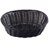 A round, shallow, black hand-woven basket with an open weave pattern. Made from durable polypropylene, it features a wide rim and gently sloping sides. The basket is empty and set against a plain white background.