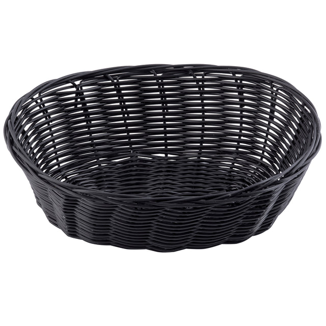 A round, shallow, black hand-woven basket with an open weave pattern. Made from durable polypropylene, it features a wide rim and gently sloping sides. The basket is empty and set against a plain white background.