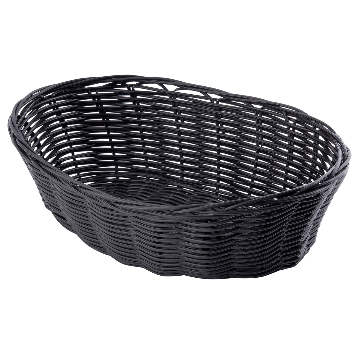 A black, oval-shaped hand-woven basket with an open top and interlaced wicker design. The slightly raised rim frames its smooth, glossy finish. Made from polypropylene, it stands out against the plain white background, highlighting its shape and texture.