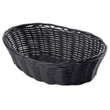 A black, oval-shaped hand-woven basket with an open top and interlaced wicker design. The slightly raised rim frames its smooth, glossy finish. Made from polypropylene, it stands out against the plain white background, highlighting its shape and texture.