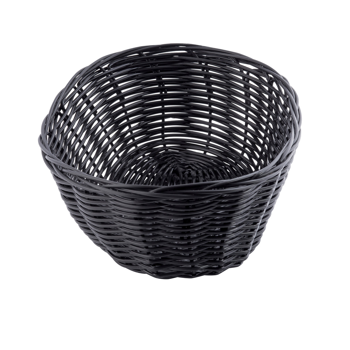 A round, black hand-woven basket with an open top and visible weaving pattern stands empty on a plain white background. The basket’s sides curve outward, showing a sturdy and evenly woven polypropylene structure.