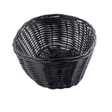 A round, black hand-woven basket with an open top and visible weaving pattern stands empty on a plain white background. The basket’s sides curve outward, showing a sturdy and evenly woven polypropylene structure.