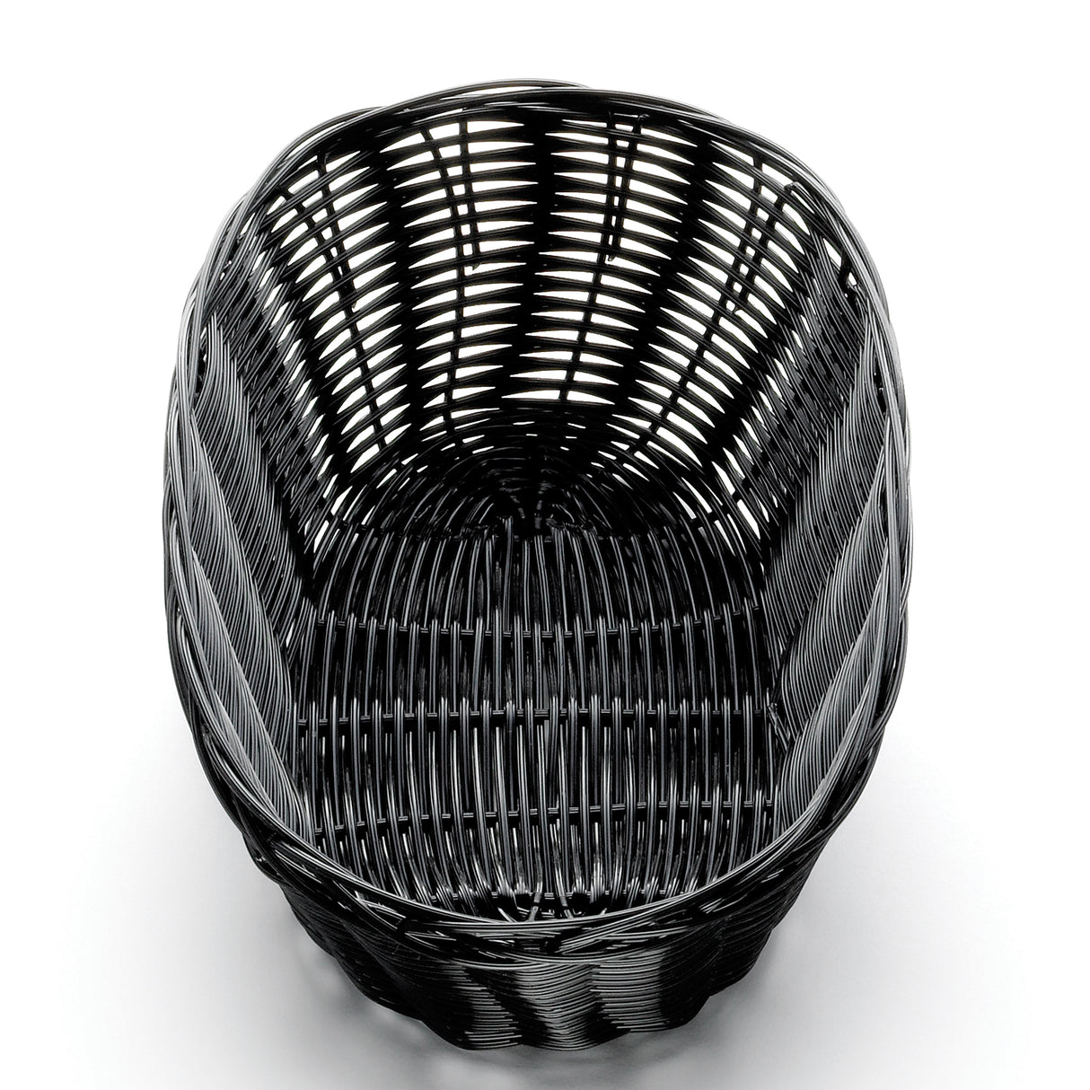 A black, empty hand-woven basket is shown from above. The basket has an oval shape with a slightly raised rim and tightly interlaced, shiny polypropylene wicker strands, set against a plain white background.