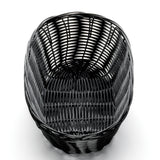 A black, empty hand-woven basket is shown from above. The basket has an oval shape with a slightly raised rim and tightly interlaced, shiny polypropylene wicker strands, set against a plain white background.