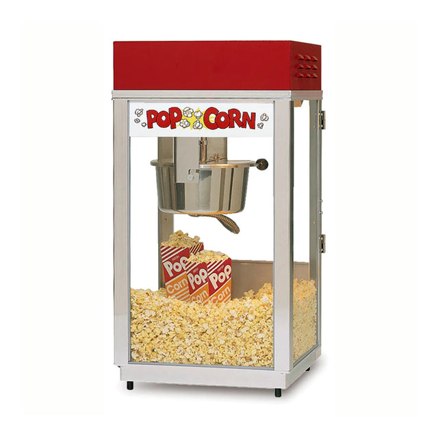 A classic Super 88 Popcorn Machine with a red top, glass sides, and a stainless kettle inside. The bottom is filled with fresh popcorn and two striped popcorn boxes. The front panel features a “Pop Corn” sign with popcorn graphics.