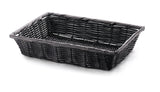 A rectangular, black hand-woven basket with an open top, crafted from durable polypropylene. It features tightly woven sides and a sturdy rim for support. Photographed on a white background, its simple style makes it functional and versatile.