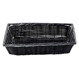 A rectangular, black polypropylene basket with a smooth, tightly hand-woven texture and slightly outward-curved sides. The rim is reinforced with a band of the same material, and the empty basket is shown against a white background.