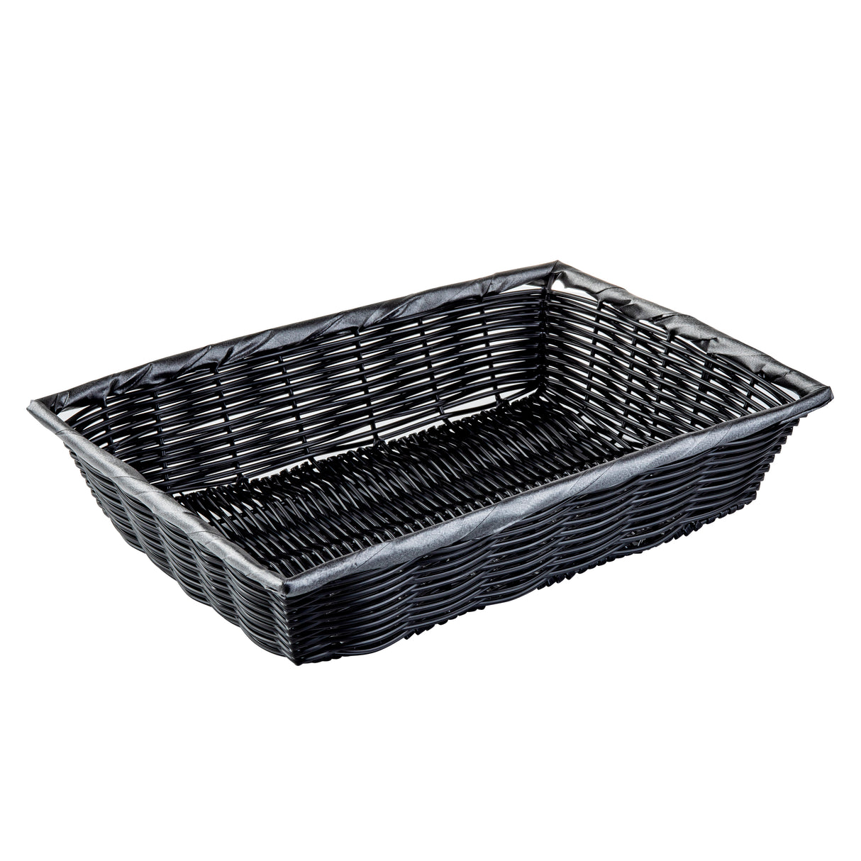 A rectangular, black hand-woven basket with raised sides. Crafted from durable polypropylene cord, it features an empty interior and a textured woven pattern. The basket sits on a white background.