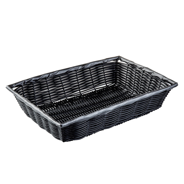 A rectangular, black hand-woven basket with raised sides. Crafted from durable polypropylene cord, it features an empty interior and a textured woven pattern. The basket sits on a white background.