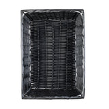 Rectangular black basket, hand-woven from durable polypropylene cord, photographed from above on a white background. Its tightly woven sides and glossy finish highlight both interior and exterior, showcasing its empty state.