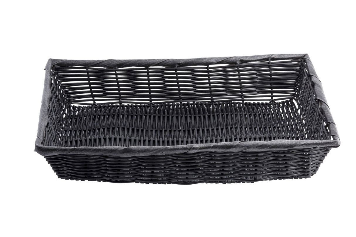 A rectangular, dark-colored polypropylene basket with open sides and a hand-woven texture, set against a plain white background. The empty basket features slightly raised edges for added dimension.