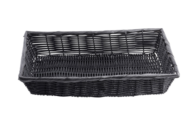 A rectangular, dark-colored polypropylene basket with open sides and a hand-woven texture, set against a plain white background. The empty basket features slightly raised edges for added dimension.