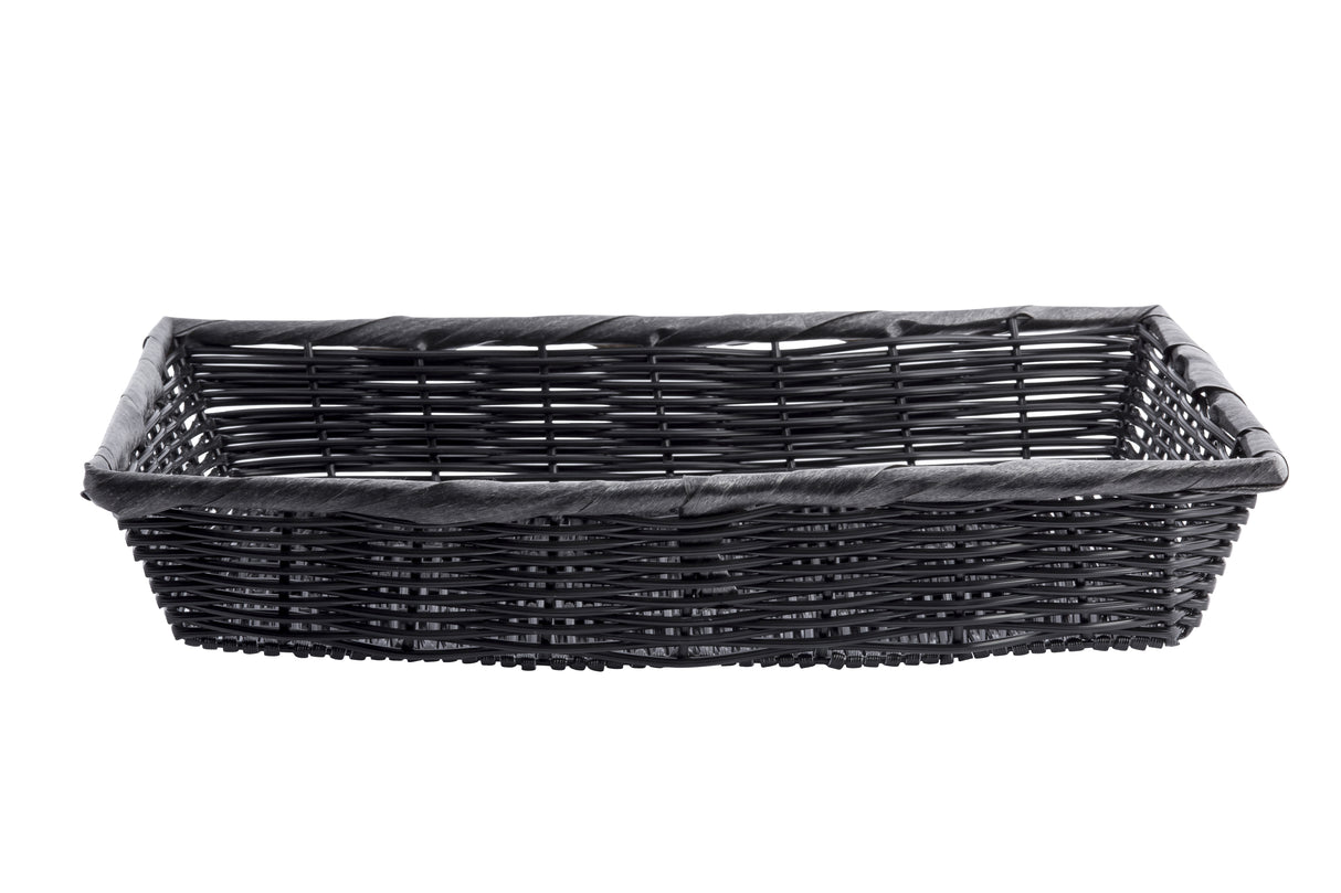 A rectangular, empty black hand-woven basket with a slightly glossy finish sits on a white background. Crafted from polypropylene, it features a woven pattern with visible weaving details and raised edges around the rim.
