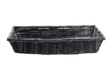 A rectangular, empty black hand-woven basket with a slightly glossy finish sits on a white background. Crafted from polypropylene, it features a woven pattern with visible weaving details and raised edges around the rim.