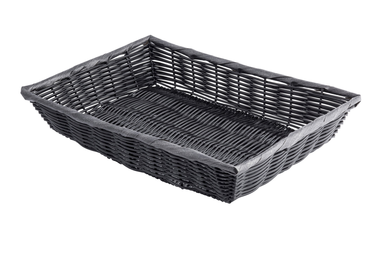 A rectangular, dark hand-woven basket is shown on a white background. Featuring a woven pattern with slightly raised edges and a solid rim, this polypropylene basket is empty and angled to display its interior and texture.