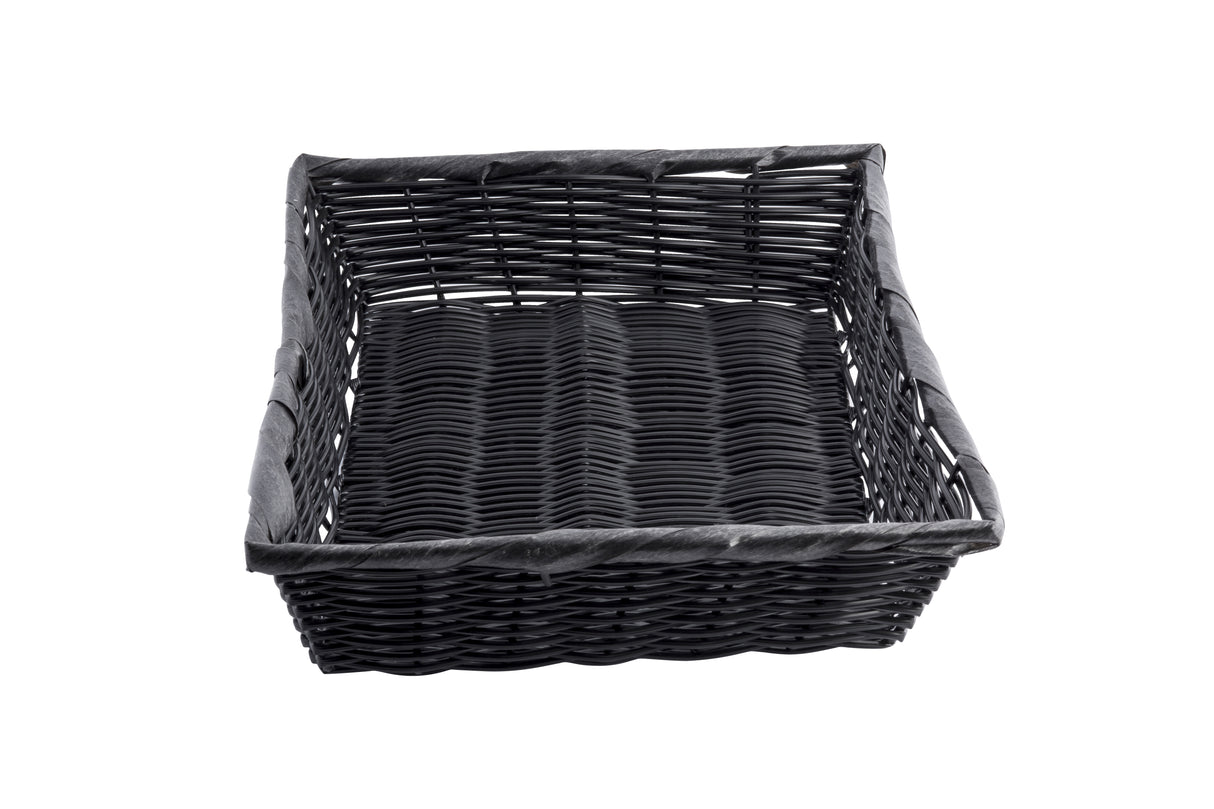 A rectangular black hand-woven basket with high sides and an empty interior, viewed from above at a slight angle, isolated on a white background. The basket features a simple, textured pattern and sturdy polypropylene construction.