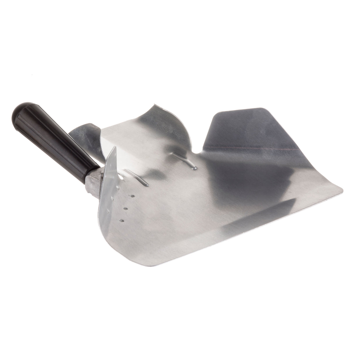 A metal dustpan with a wide, flat surface and slightly raised sides is shown. Made from shiny aluminum, it features a short black plastic handle and is placed against a white background. The dustpan is easy to clean and dishwasher safe.