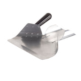 An aluminum dustpan with a black handle is shown on a white background. Its shiny surface reflects light, and the edges curve slightly upwards to hold debris. The sturdy handle is riveted for durability, similar to a French fry scoop.