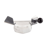 A metal handheld kitchen tool with an aluminum hexagonal base, two angled metal blades on each side, and a black knob handle, designed for slicing or cutting, shown on a white background.
