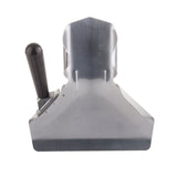A metal French fry scoop with a shiny, angular aluminum body and a black handle on the left side. The smooth surface and clean lines enhance its utilitarian design, photographed against a plain white background.